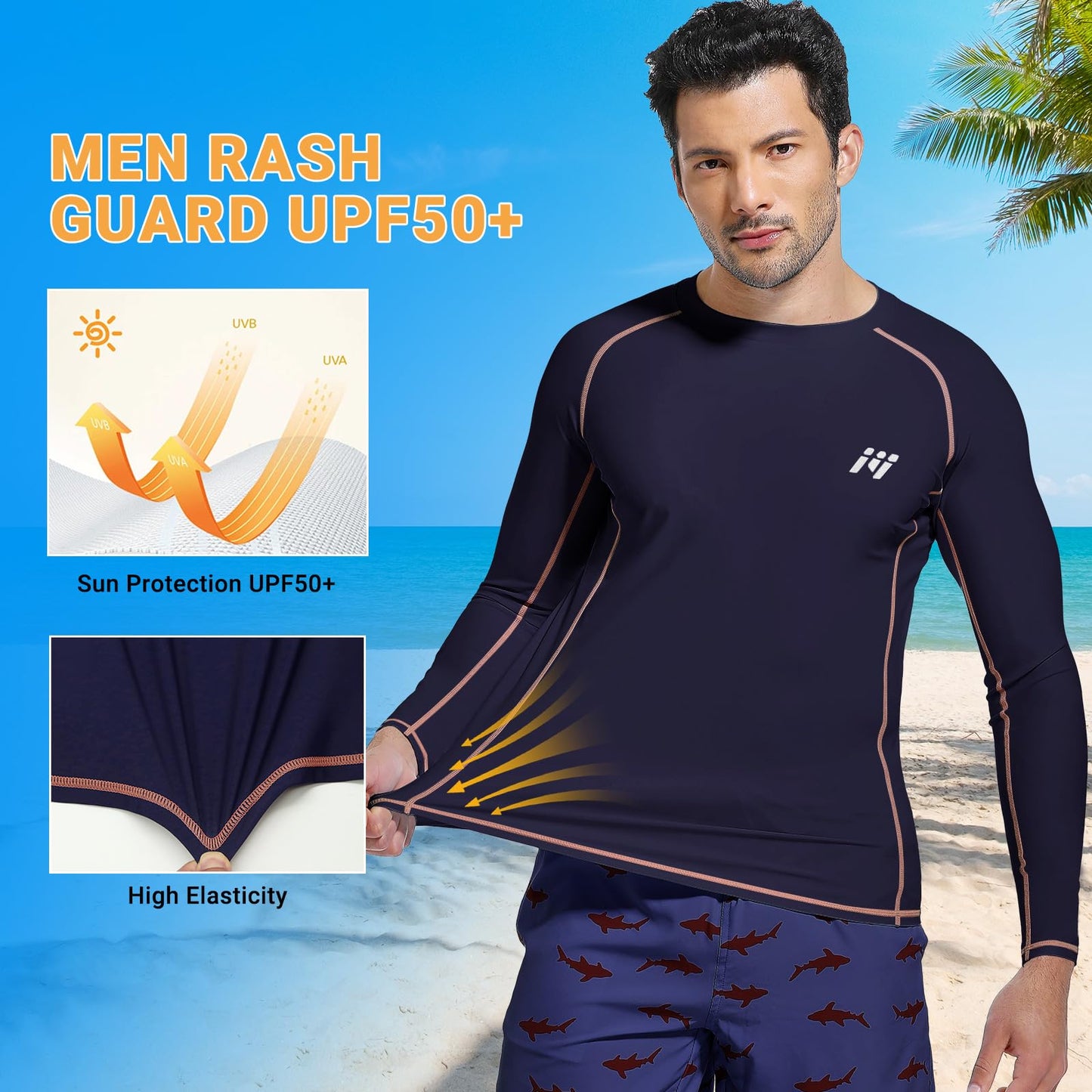 Sun Protection Swim Shirts for Men: SPF UPF 50+ UV Long Sleeve Rash Guard for Fishing Hiking Running Workout Athletic Navy Blue