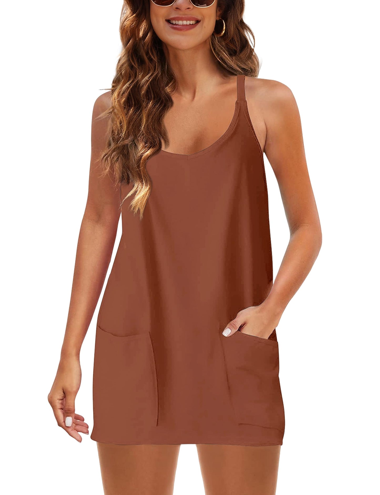 Faleave Women's Summer Sleeveless Mini Dress Athletic Dress Spaghetti Strap Short Tennis Dress with Pockets(Rust-M)