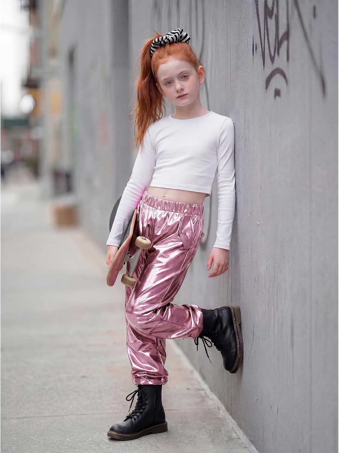Stelle Girls Metallic Cargo Pants - Shiny Hip Hop Dance Joggers | Sparkly Stretchy Wide Leg for Ages 4-15