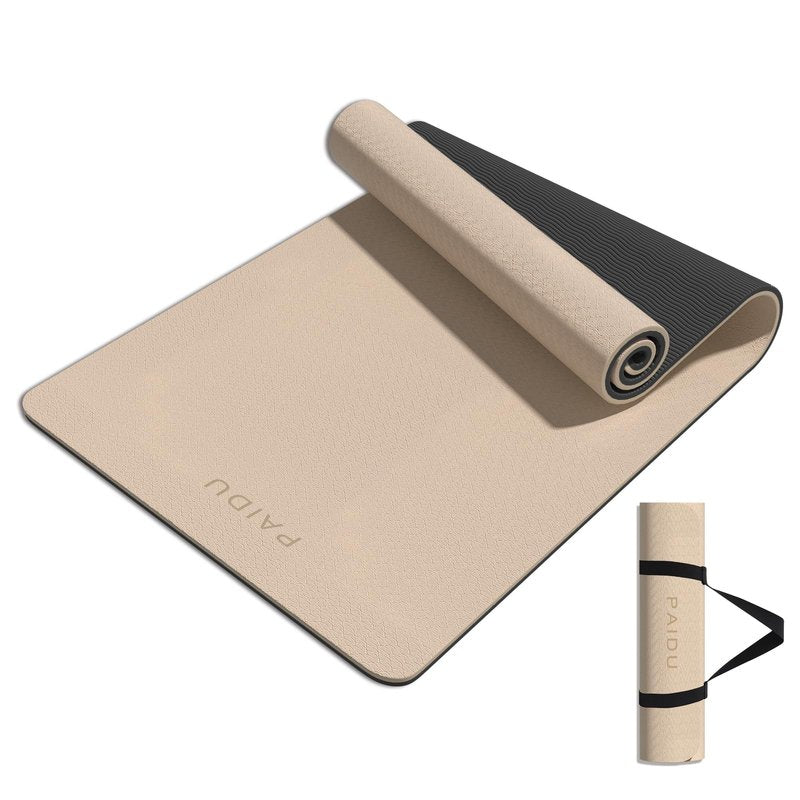 PAIDU Yoga Mat 8mm Super Thick TPE Fitness Mat | SGS Certified | Non-Slip, Odorless & Tear-Resistant | Unisex with Strap | for Yoga, Pilates, Meditation & Home Workouts (Beige&Black)