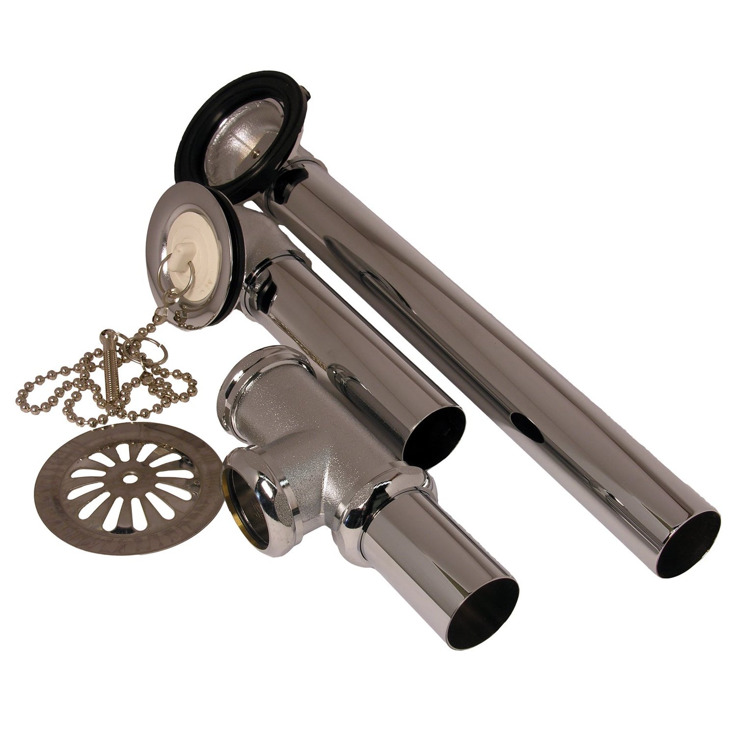 LASCO 03-4924 20-Gauge Brass Tubular Old Style Leg Tub Waste and Overflow Drain with Chain and Rubber Stopper, 1 3/8-Inch, Chrome Plated