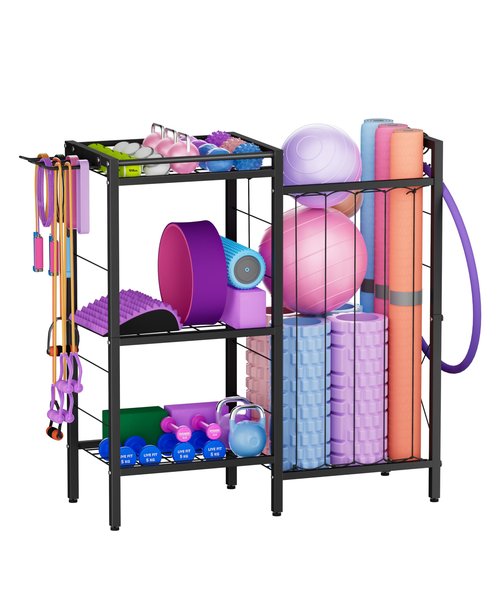 Fiwithy 3 Tiers Dumbbells Yoga Mat Storage Rack with Elastic Straps for Kettlebells Foam Roller Resistance Bands Balls, Workout Equipment Organizer Weight Storage Holder with Hooks for Home Gym, Black