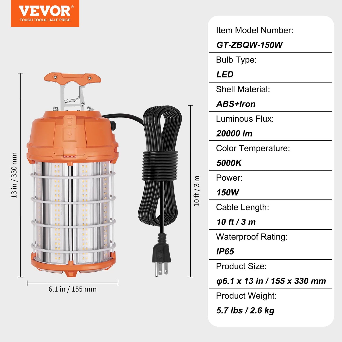 VEVOR LED Temporary Work Light, 150W 20000lm Construction Lights, 5000K Portable Super Bright & Waterproof & Connected Up to 6 lights, Hanging Job Site Lighting for Indoor and Outdoor Lighting