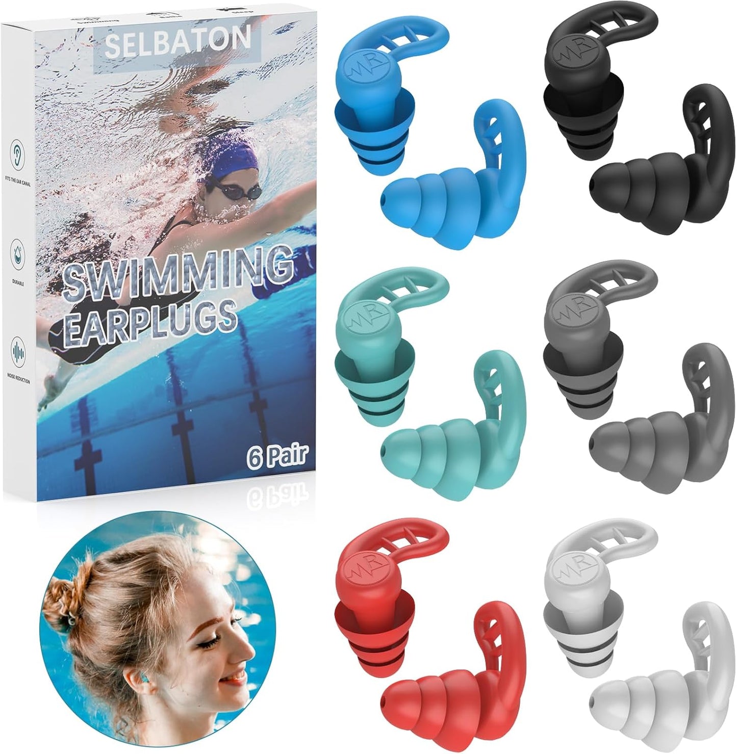 Skiennix Swimming Ear Plugs - 6 Pairs Reusable Silicone Waterproof Earplugs for Water Sports | Adults