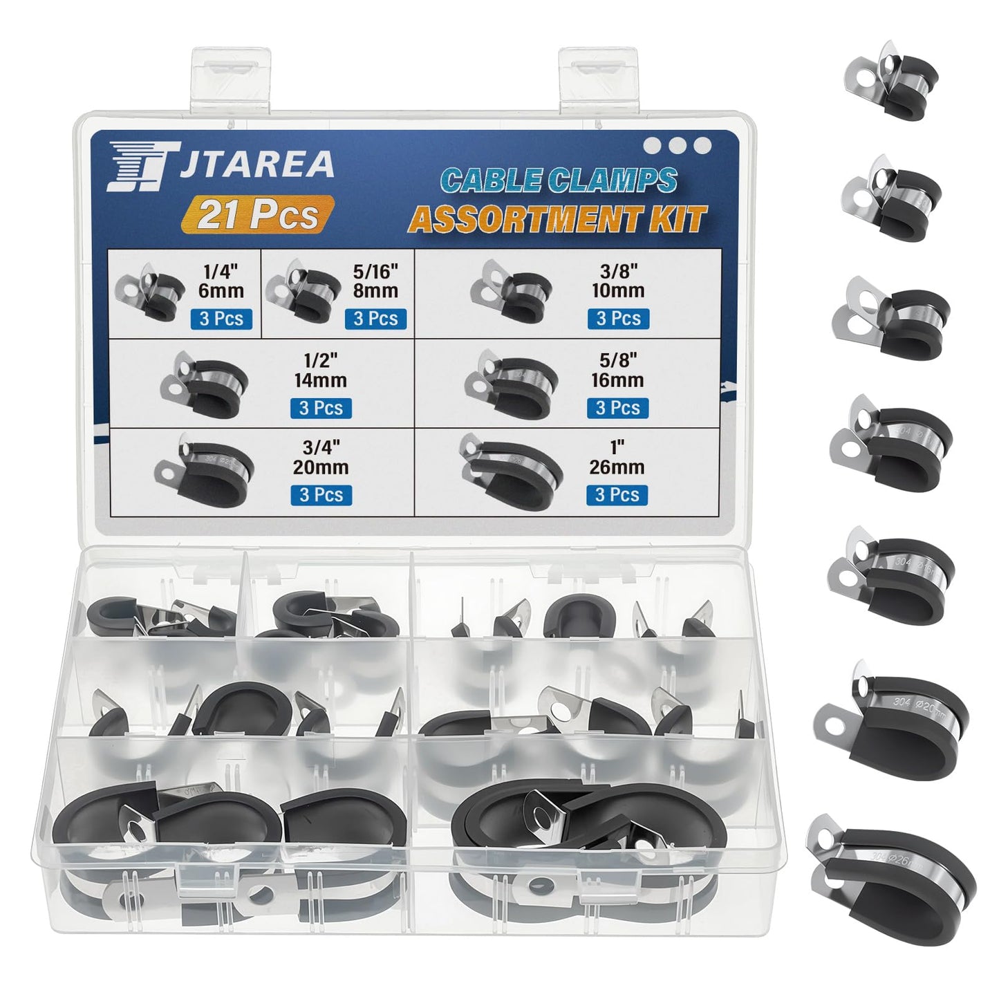 JTAREA 7Sizes 304 Stainless Steel Cable Clamps Assortment Kit 1/4" 5/16" 3/8" 1/2" 5/8" 3/4" 1" Cushion Cable Clamp Rubber Coated Wire Clip Pipe Clamp