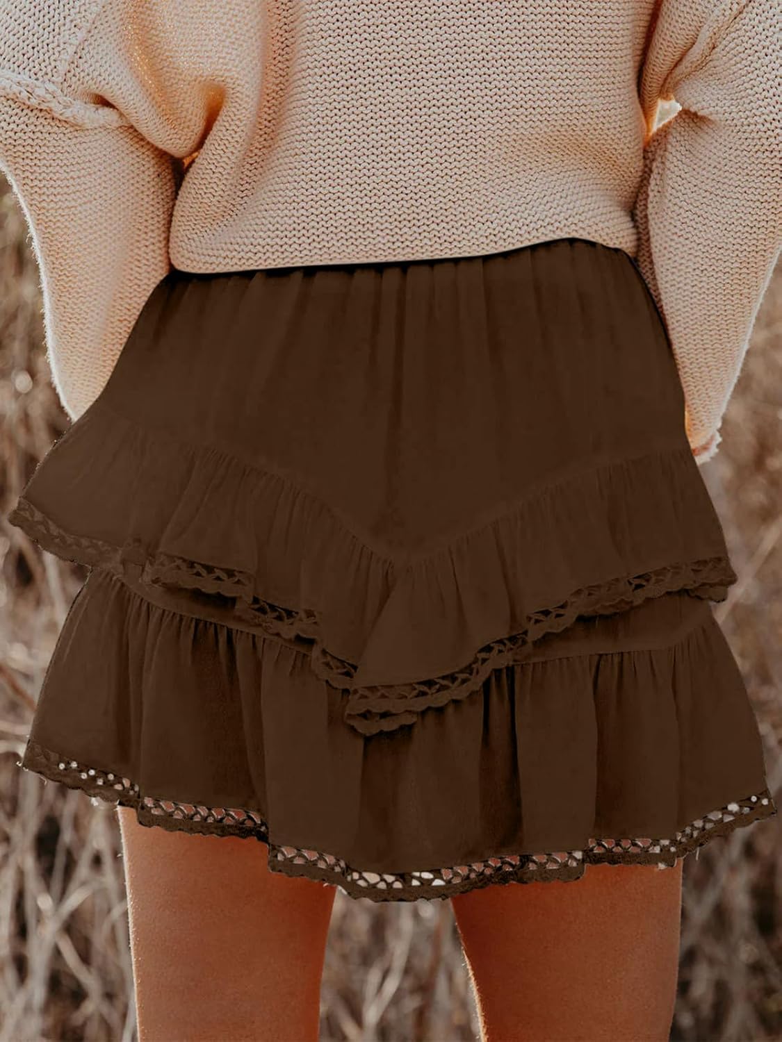 Aoudery Flowy Shorts - Women's Casual Boho Ruffle Tiered High Waist Skorts | Mini Golf & Tennis