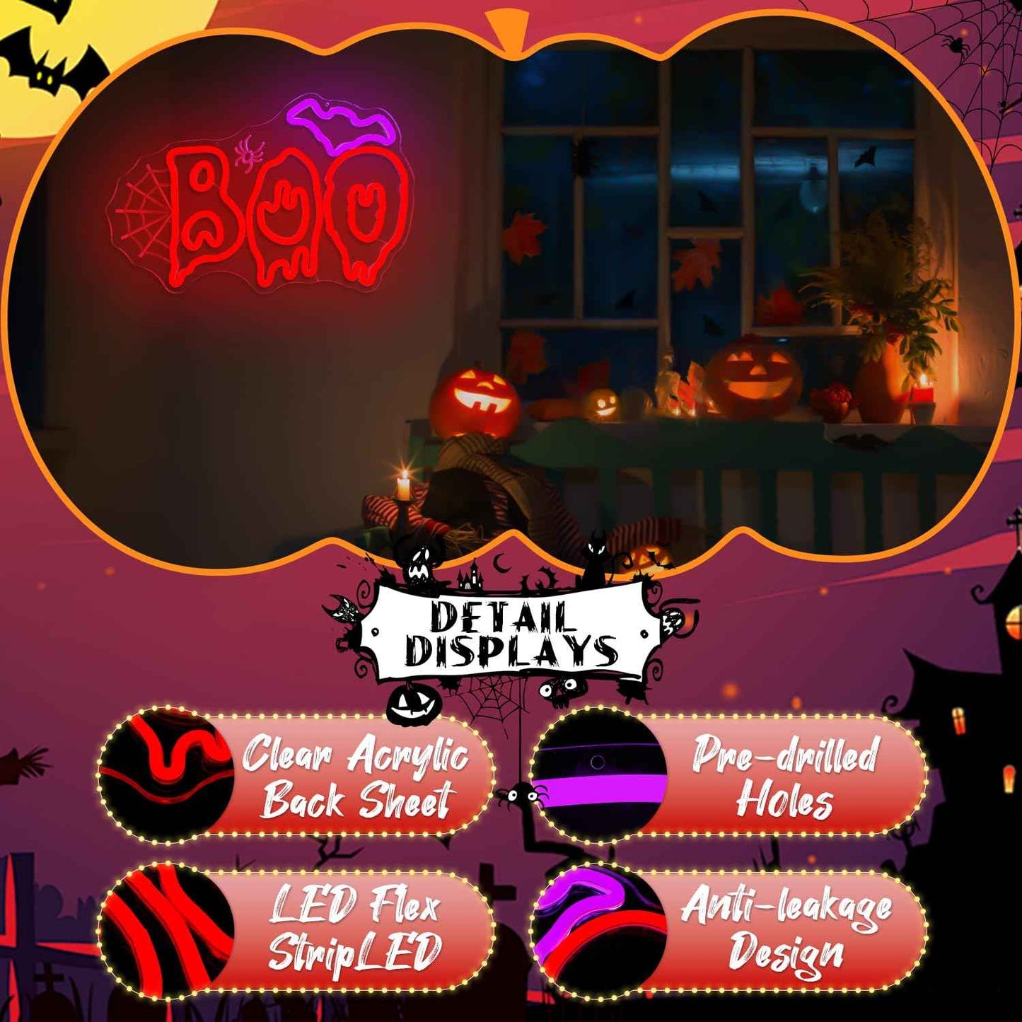 Ajoyferris Halloween Neon Sign Boo Bat Led Sign for Halloween Party Decorations Dimmable Boo Spider Web Neon Lights Spooky Neon Light Up Sign (Red)