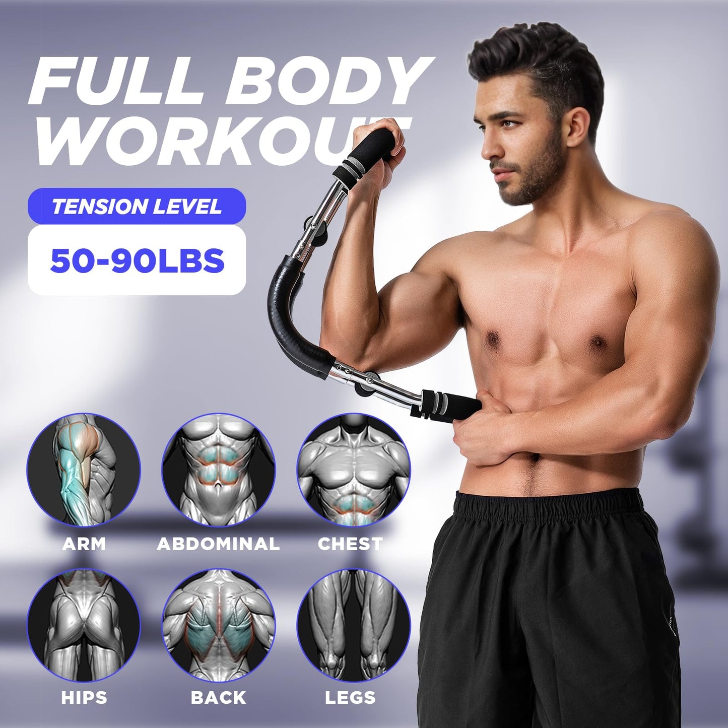 M Mike Sport Twister Arm Trainer, Adjustable Chest Workout Equipment, Twister Arm Chest Exerciser Home Gym Strength Trainer, Portable Detachable Spring Workout Bar Home Fitness Equipment,50-90lbs