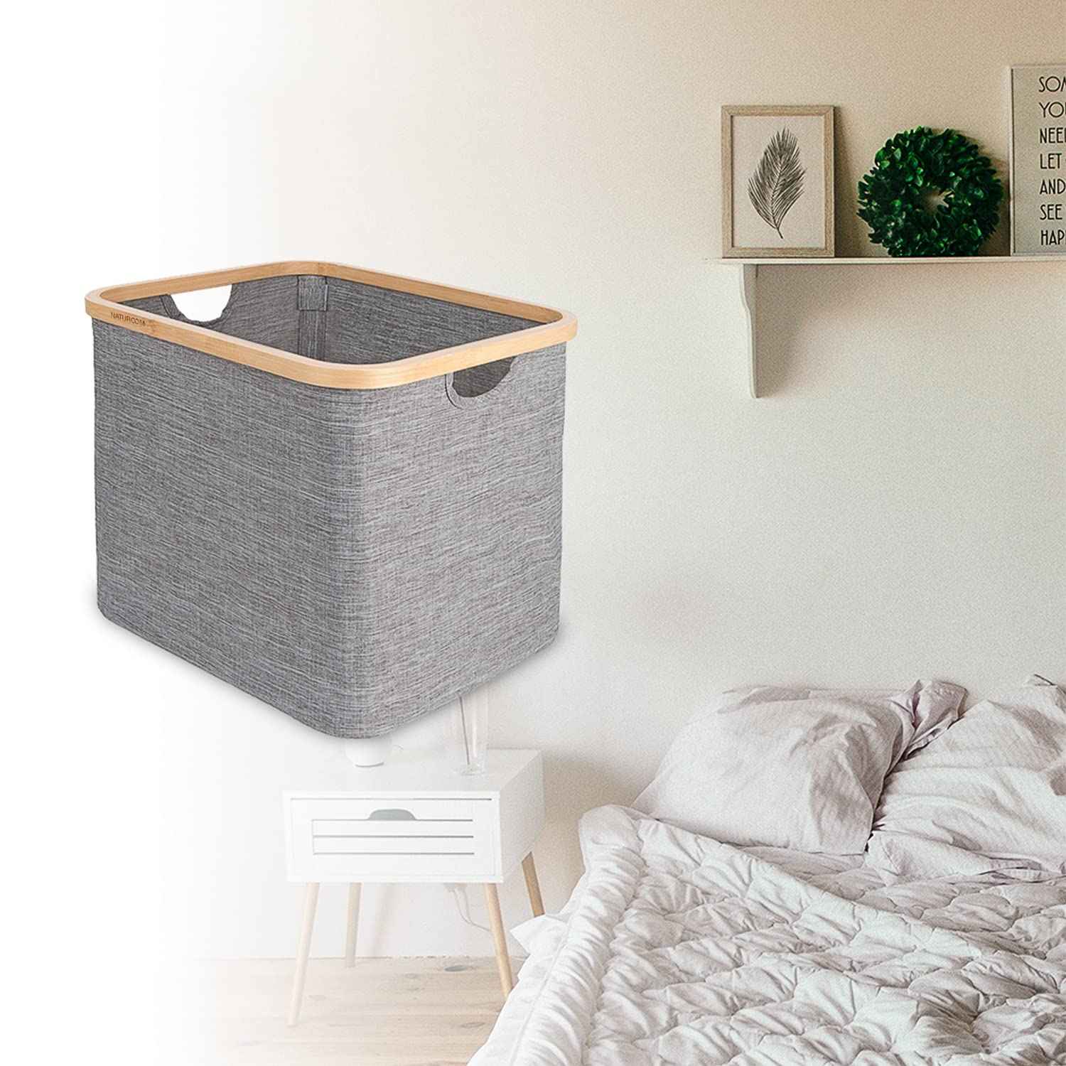 Naturoom 44L Bamboo Storage Basket | Laundry Hamper, Folding Bamboo Frame Fabric Shelf Basket With Handles, Large Cube Organizer For Bathroom, Bedroom Dirty Clothes/Towels/Blankets/Toys Storage Bin