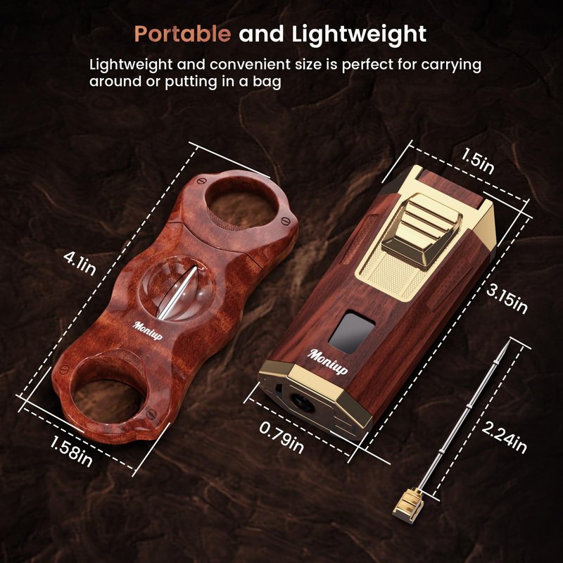 4-in-1 Torch Cigar Lighter, with Cigar V Cutter Set, Built-in Cigar Punch, Cigar Holder & Draw Enhancer, Cigar Accessories Gifts for Men, Dual Jet Flame Refillable Butane Lighters for Smoking, Travel
