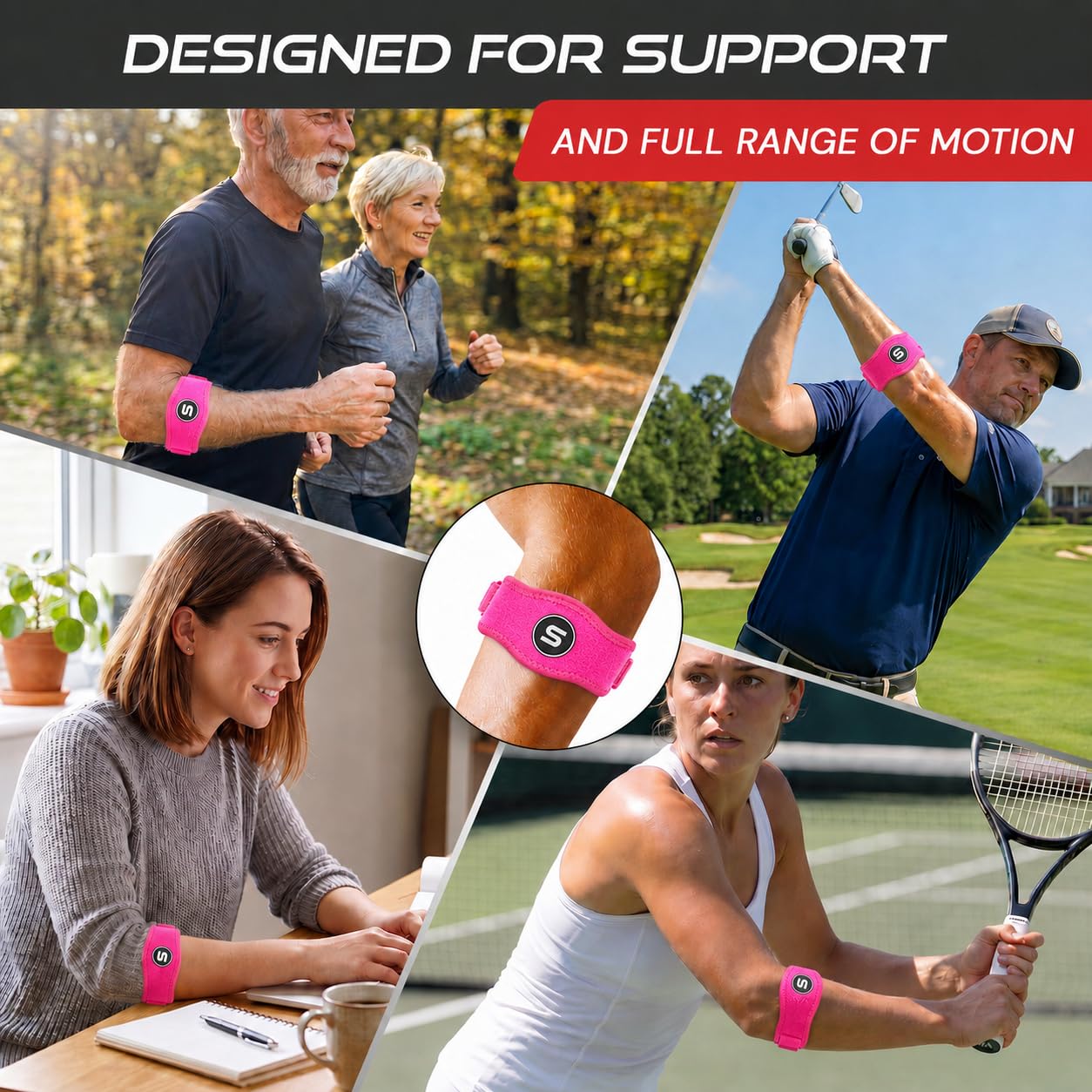 Sleeve Stars Tennis Elbow Brace for Men & Women, Elbow Brace for Tendonitis, Tennis Elbow Strap, Golfers Elbow Brace, Elbow Support Wrap for Tennis Elbow Relief, Fits 9"-23" (Pair/Hot Pink)