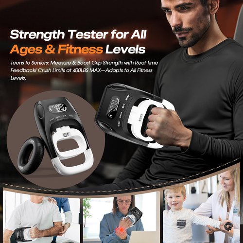 Grip Strength Tester & Trainer 2-in-1 Combo Set-Digital Hand Dynamometer with LCD Display, Max 400lb/180kg Capacity, Resistance Ring with Ergonomic Design for Sports, Gym, Home & Rehab