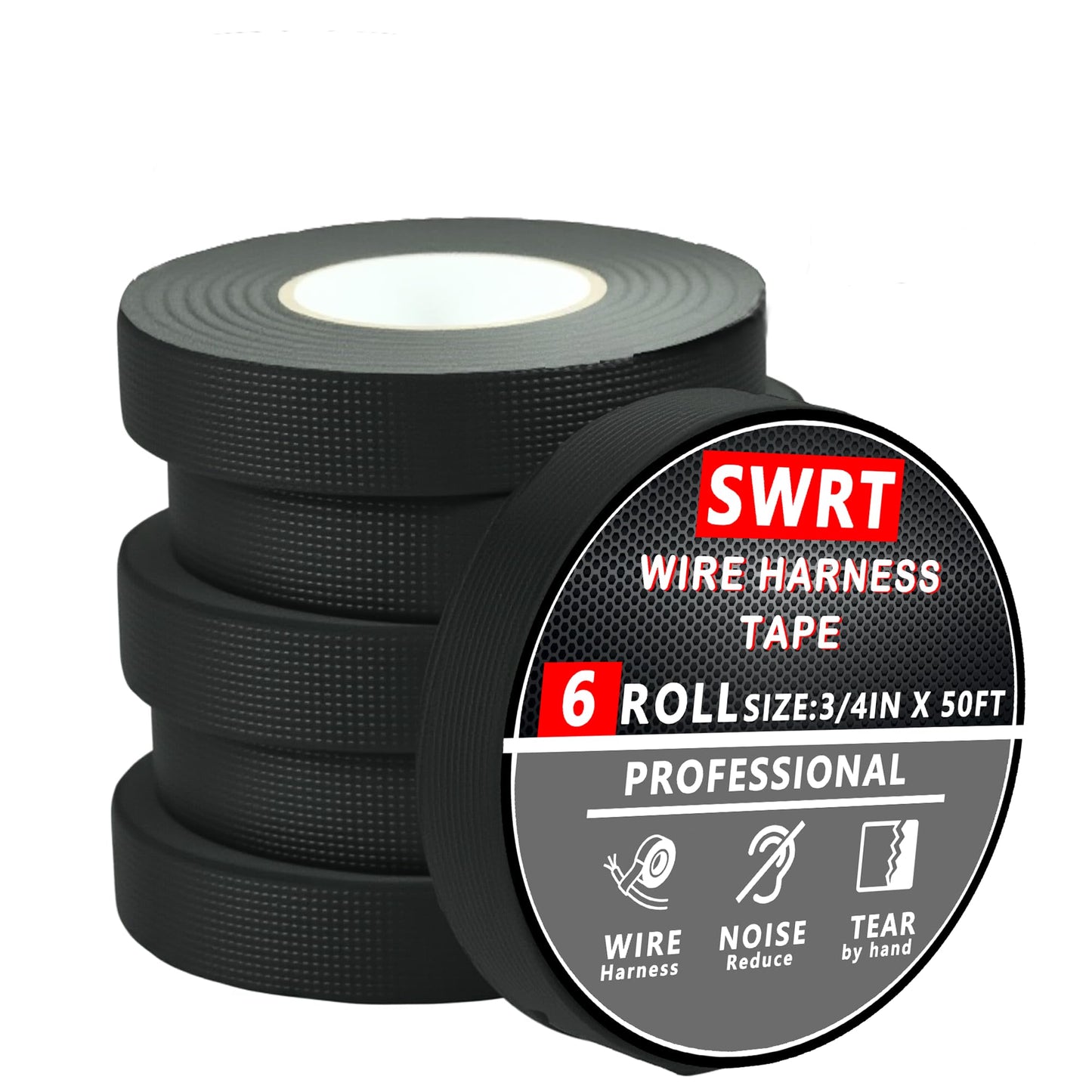 SWRT Wire Harness Tape, 3/4 Inch × 50 Feet, 6 Packs (300 Feet Total), Self-Adhesive Black Cloth Electrical Tape for Automotive Use, High Temperature Resistance Felt Tape.