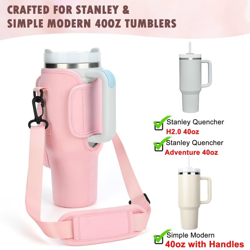 Water Bottle Holder with Adjustable Strap for Stanley Cup 40 oz Tumbler with Handle, Personalized Initial, Neoprene Water Bottle Carrier Bag with Phone Pocket & Carabiner for Stanley Cup Accessories