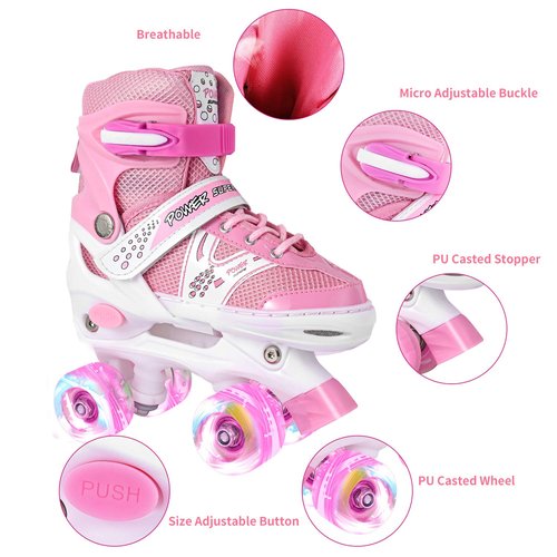 Adjustable Roller Skates for Girls & Kids, 4 Sizes, All Wheels Light Up, Fun Illuminating, Beginner-Friendly, Small(12J-2), Pink