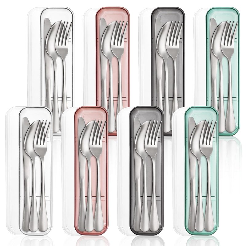 Nicunom 8 Pack Portable Utensils Set with Case, Premium Stainless Steel Travel Silverware Set Reusable Flatware Set Travel cutlerys Fork Spoon Knife for Camping, Lunch, Picnic, School, Workplace