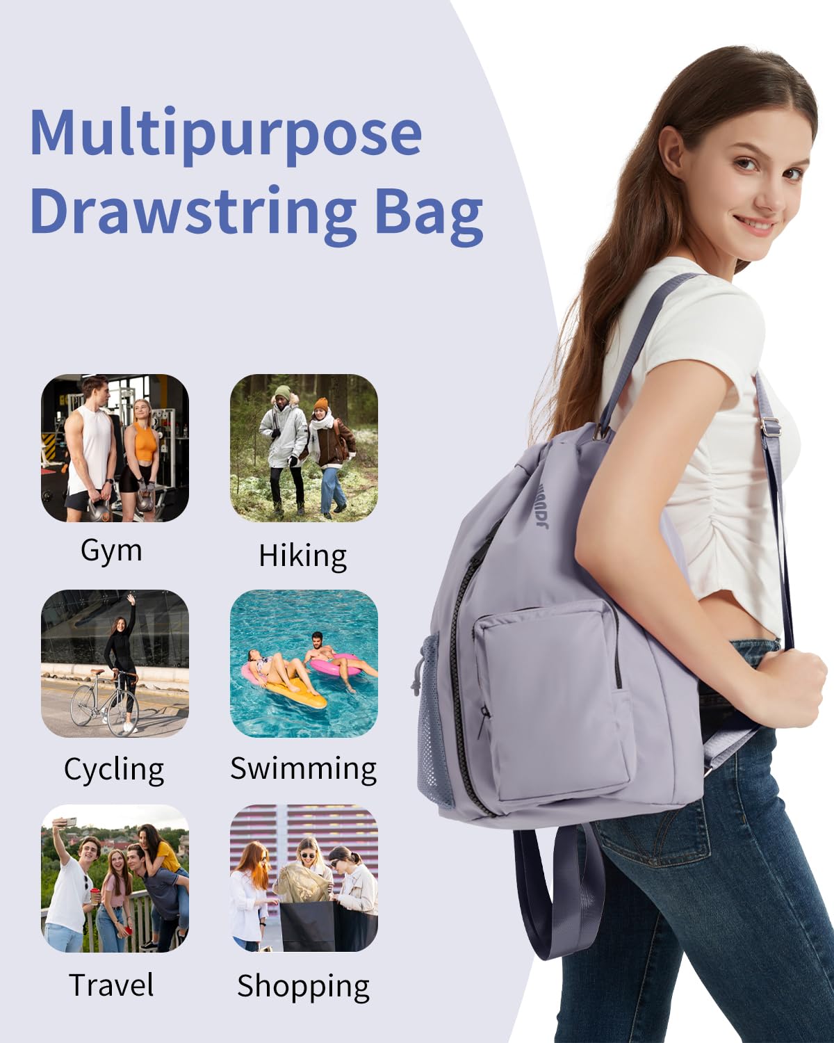 WANDF Drawstring Backpack with Shoe Compartment, Sports Gym Bag