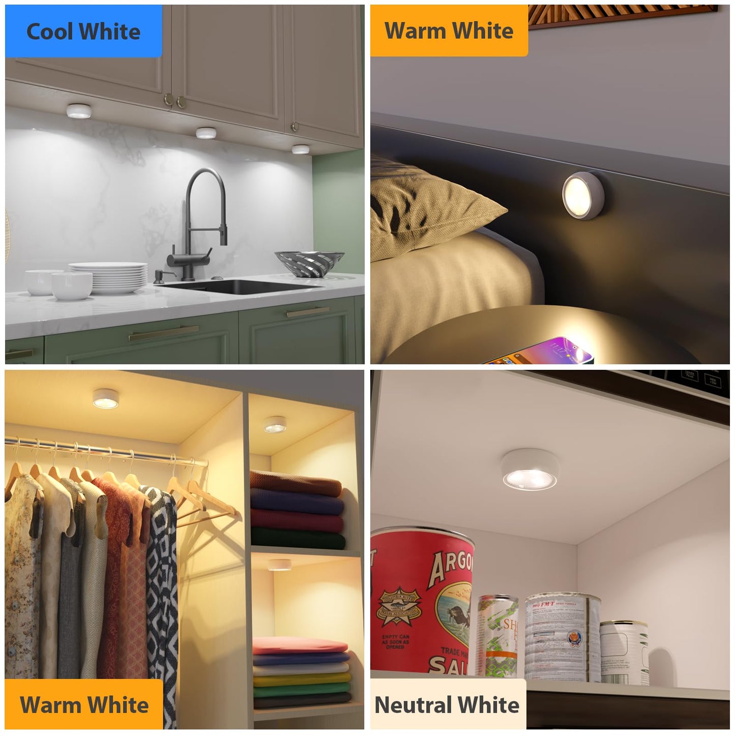 YLXS 10 Pack LED Puck Light with Remote, 3 Color Battery Operated Dimmable Push Tap Light, Portable Under Cabinet Lighting Stick On, for Closet Kitchen