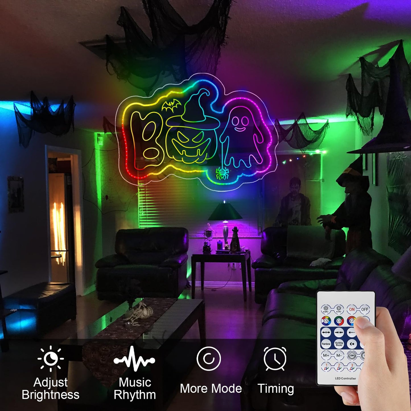 Halloween Neon Sign, BOO Led Sign for Wall Decor Pumpkin Spooky Ghost Light Up Sign for Halloween Bar Bedroom Home Party Trick or Treat Party Backdrop