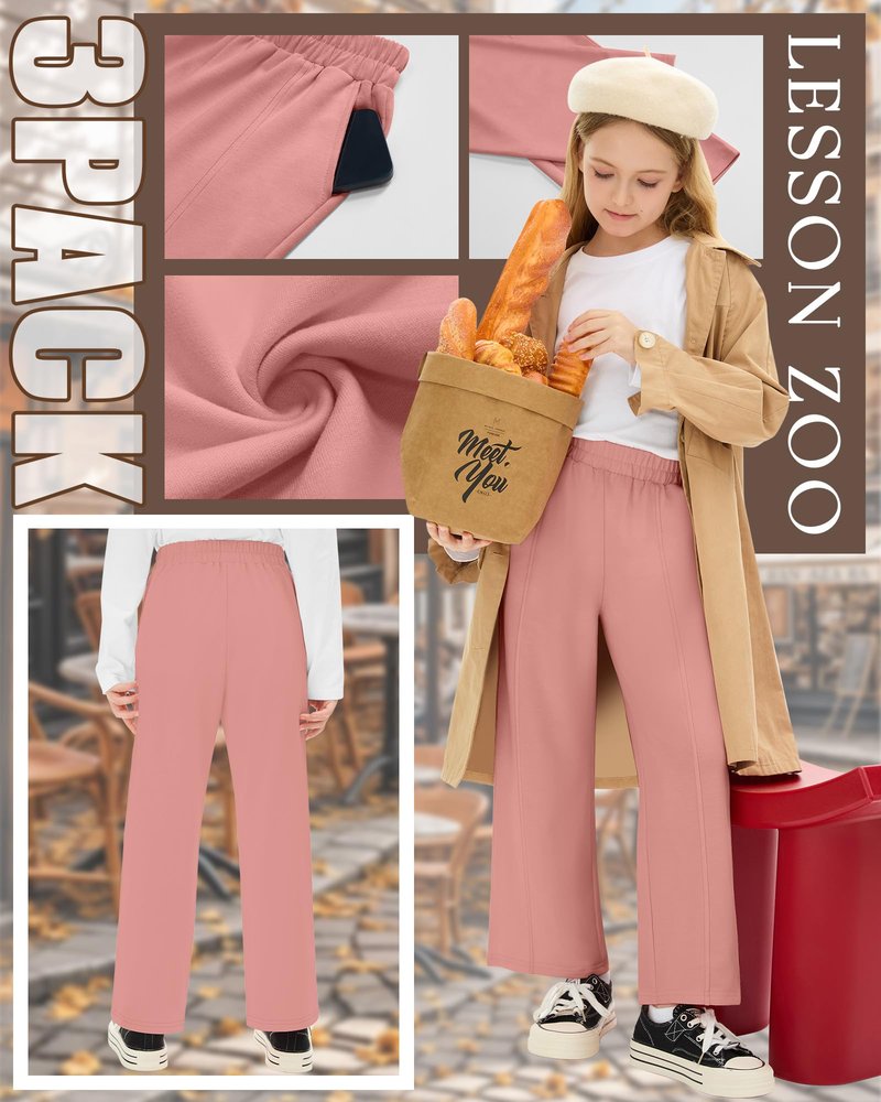 LessonZoo 3 Pack Girls Sweatpants Teen Front Seam Straight Leg Pants Kids Open Bottom Wide Leg Loose Joggers with Pockets(Black, Gray, Pink,11-12 Years)