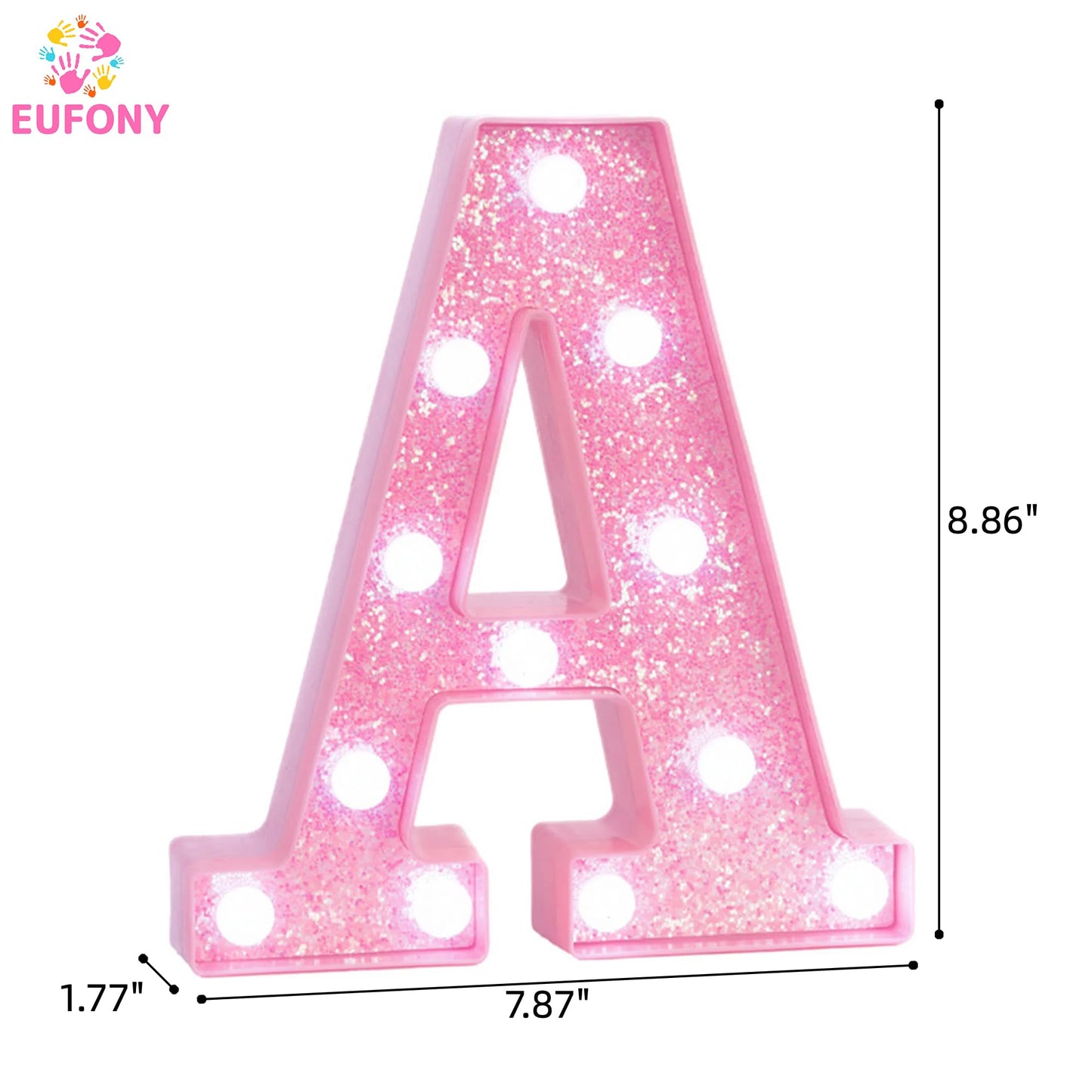 EUFONY Pink LED Marquee Light Up Letters, Glitter Alphabet Letter Lights for Birthday Party Decorations, Battery Operated Letter Signs for Girls Room Table Decor, Pink letter A with Cool White Lights