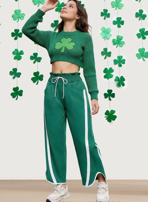 CITASHION Track Pants Women Casual Drawstring Barrel Pants Lightweight Baggy Contrast Color Workout Pants with 4 Pockets Green M