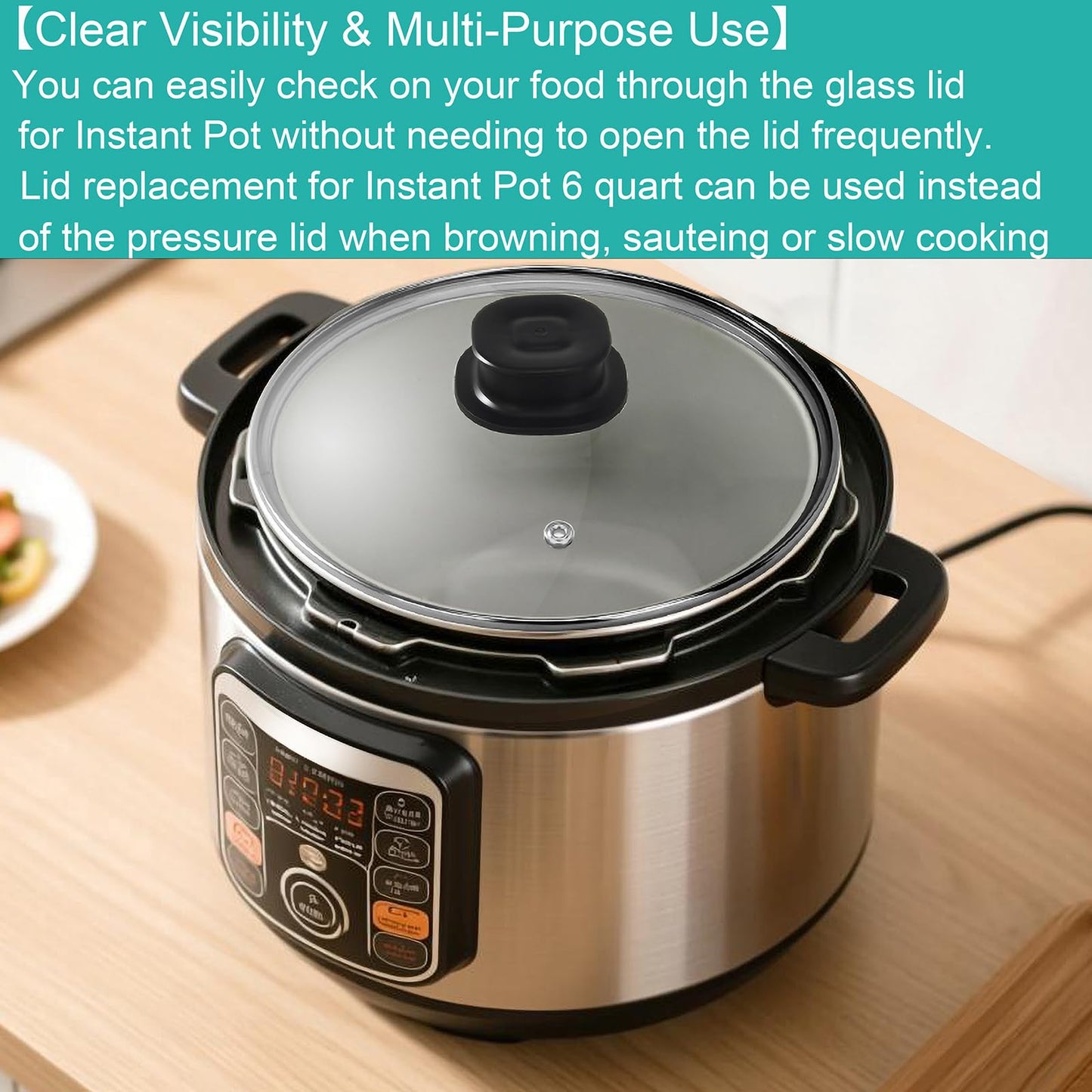9.1-In Glass Lid Replacement for Instant Pot Lid 6 Quart, Tempered Glass Cover for Instantpot, Lid for Instant Pot 6 Quart, Accessories 6 QT for Insta pot, Heat Resistant Handle & Stainless Steel Rim