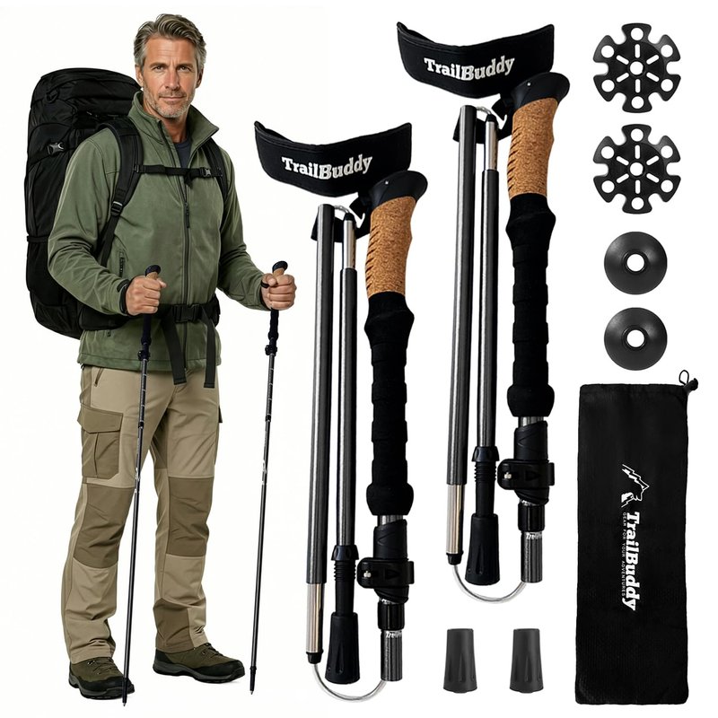 TrailBuddy Foldable Trekking Poles – Ultralight 7075 Aluminum, EVA & Cork Grip Collapsible Hiking Poles – Lightweight Adjustable Walking Sticks for Men, Women, Seniors & Travel