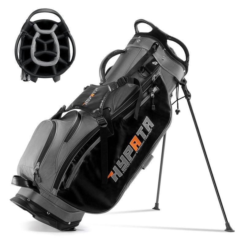 HYPATA 14 Way Golf Stand Bag-Lightweight Golf Bag for Men Women, Premium PU Leather Golf Bag with Stand, 8 Pockets, Cooler Pouch, Rangefinder Pouch, Detachable Dual Strap, Rain Cover Hood, Gray