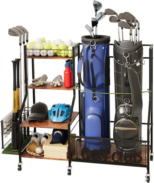 HavenlyYouth Golf Bag Storage Organizer - 360° Swivel Wheels, Wood Shelves, Fits 2 Bags, Anti-Tip Straps