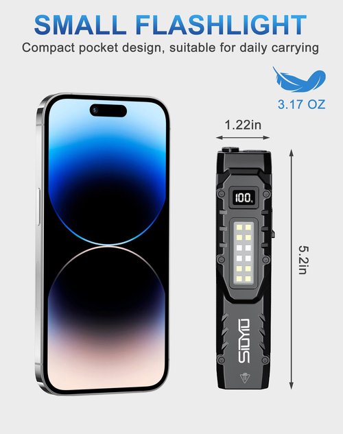 Siuyiu 1500 Lumens EDC Flashlight, LED Small Flashlight Ultra-Slim Flat Shape Type-C Rechargeable, Mini Flashlights IPX4 Waterproof, Pocket Clip Tactical Flashlights for Camping, Emergency