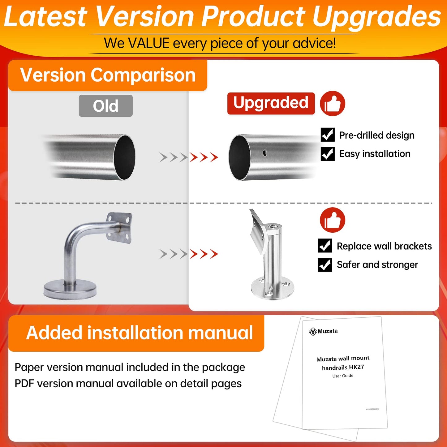 Muzata 5Ft Pre-drilled Stair Handrail 2" OD Round Brushed Wall Mounted Handrail Stainless Steel Safety Hand Rail Indoor Outdoor Stair Hand Railing Wood Concrete Brick Wall, HK27 SL4