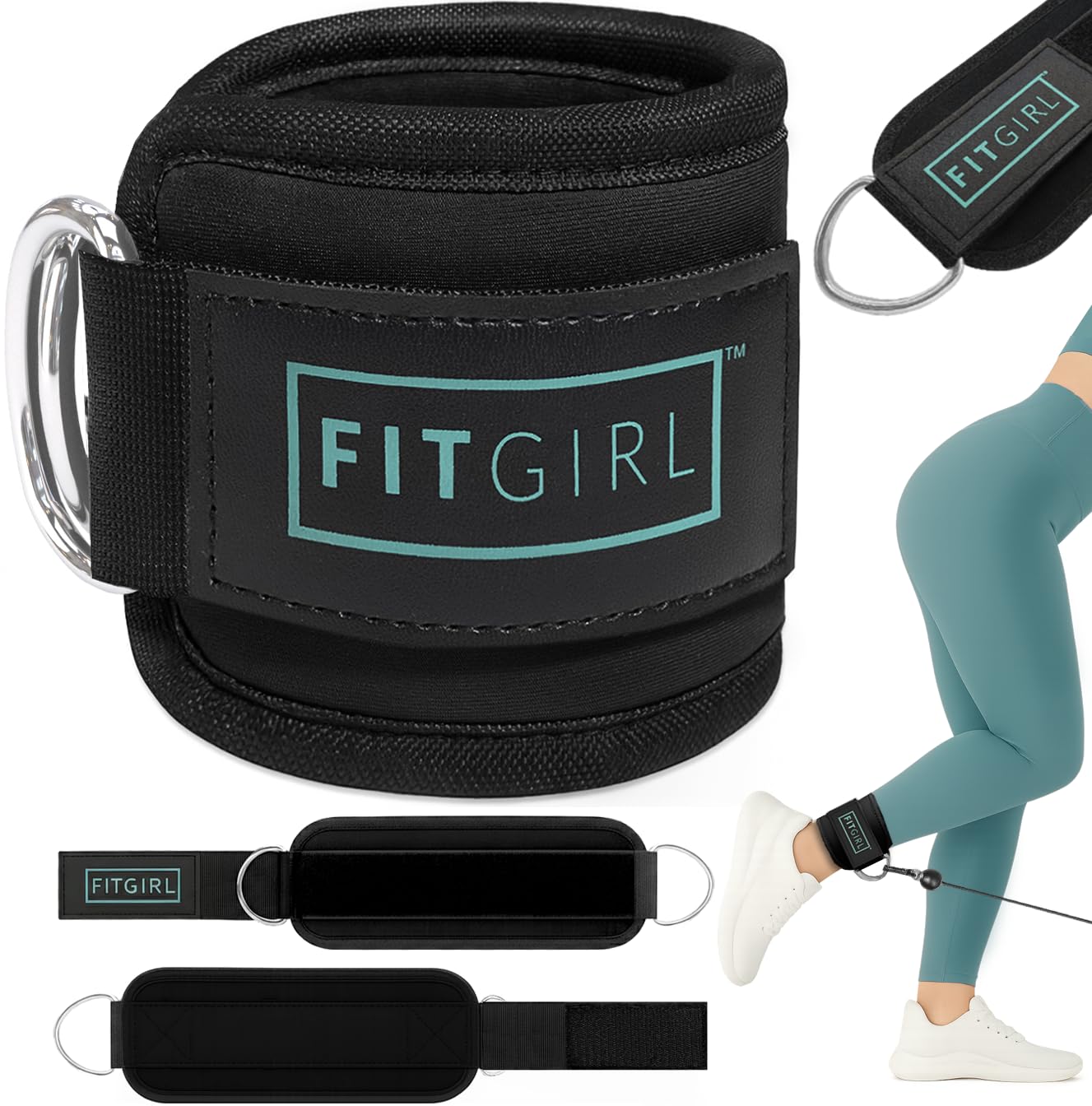 FITGIRL Ankle Strap for Cable Machine – Premium Padding and Comfort for Cable Exercise Machines, Cable Exercise Attachment for Home & Gym, Glute Workouts - Kickbacks, Leg Extensions, Hip Abductors - Black Mint - Pair