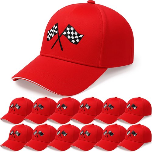 Skicuff 12 Pcs Racing Car Flag Hats Bulk for Party Favors Gifts Adjustable Embroidered Checkered Flags Baseball Caps Racing Dad Hats