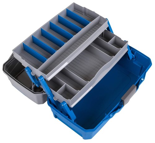 Flambeau Outdoors 6382TB 2-Tray Tackle Box - Classic Fishing Lure Storage Organizer, Medium Portable Tackle Box, 15 Tray Compartments, Blue/Gray