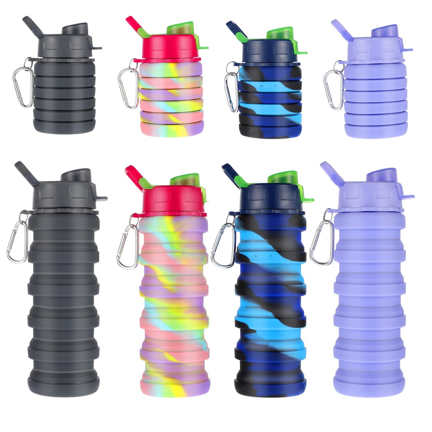 MAQUITA 4 Pcs Collapsible Water Bottles 16 oz Portable Foldable Water Bottles Silicone Leak Proof Travel Water Bottle Reusable Sports Water Bottle with Metal Clip for Camping Hiking Travel