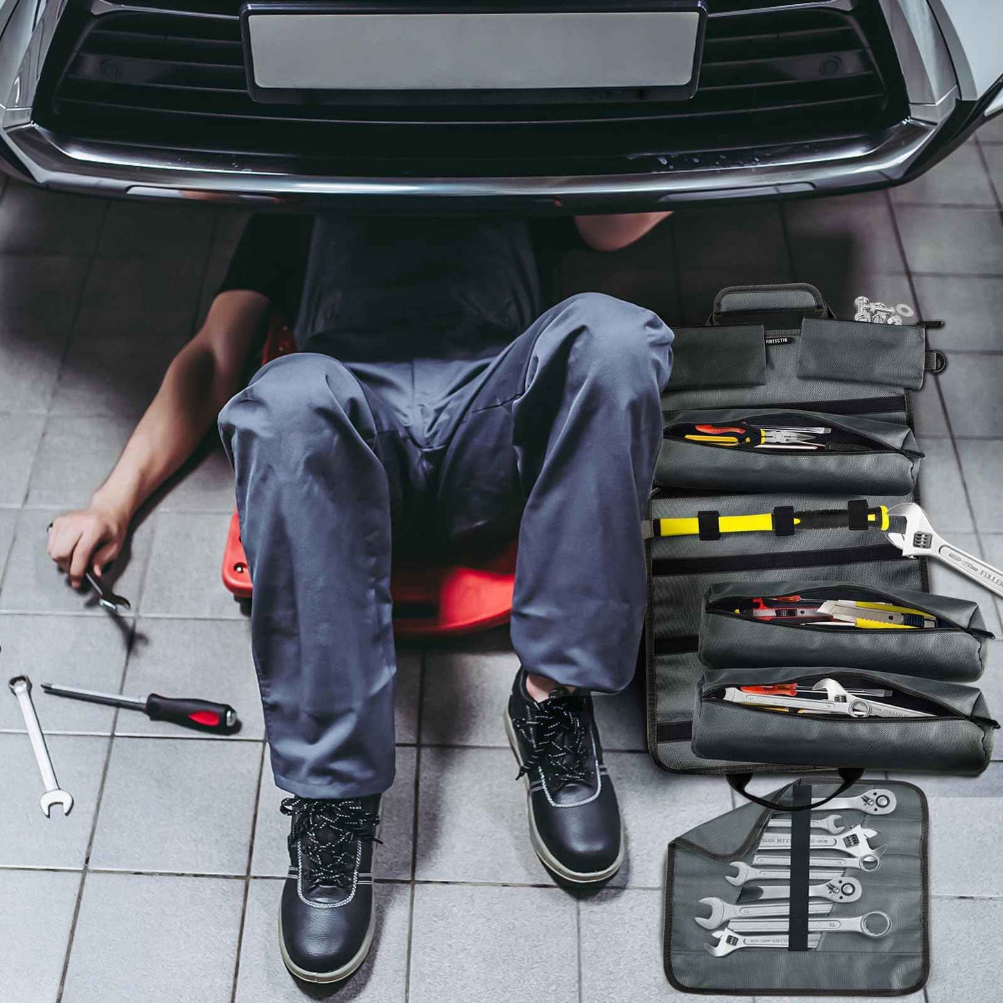 Tool Bags, Heavy Duty Tool Roll Up Bag for Men, Father’s Day Gift for Dad Husband Him, 6-in-1 Detachable Tool Roll Bag with 3 Tool Pouch+1 Wrench Roll+2 Pockets, Compact Tool Box Organizer(Grey)