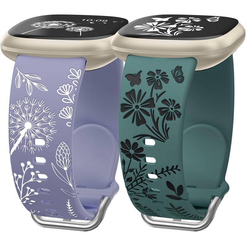 Wearlizer 2 Packs Floral Engraved Band Compatible with Fitbit Versa 4 Bands for Woman/Versa 3/Sense 2/Sense Bands Women, Cute Two-Tone Flower Soft Silicone Sport Strap