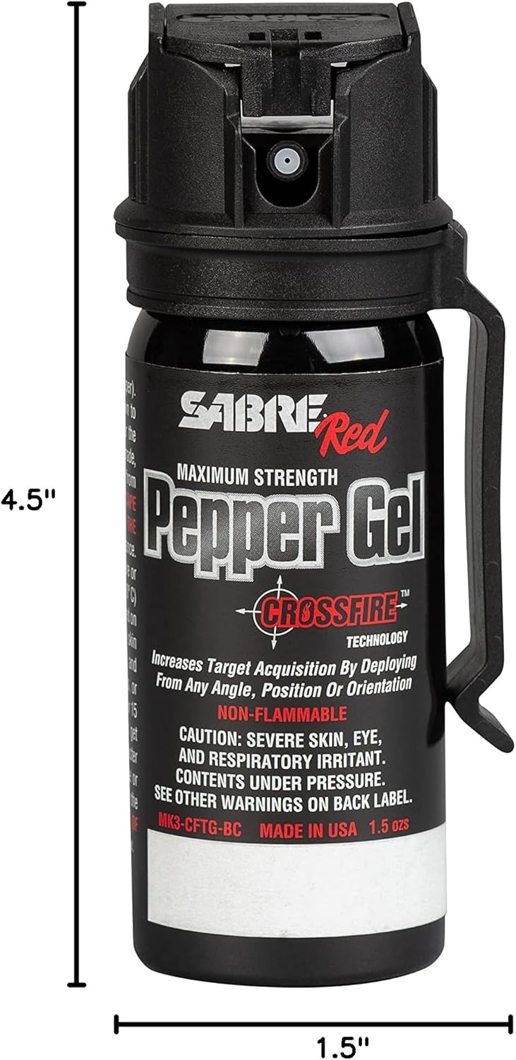 SABRE Crossfire Pepper Gel - Max Police Strength OC | Deploys At Any Angle, 1.5 fl oz with Belt Clip