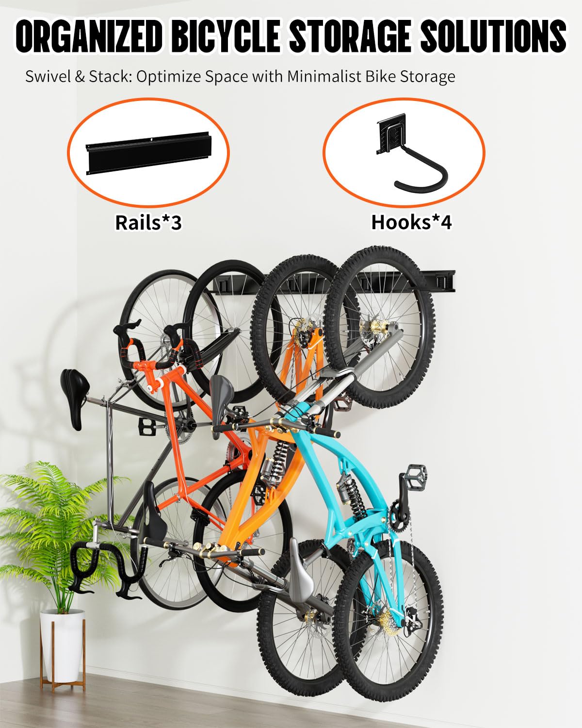 Wallavant Bike Rack Wall Mount, Bike Hooks for Garage Storage,Vertical Bike Hanger for Indoor Use, Holds Up to 300 lbs, Adjustable Hook System with 4 Hooks and 3 Rails,48 Inches, Black