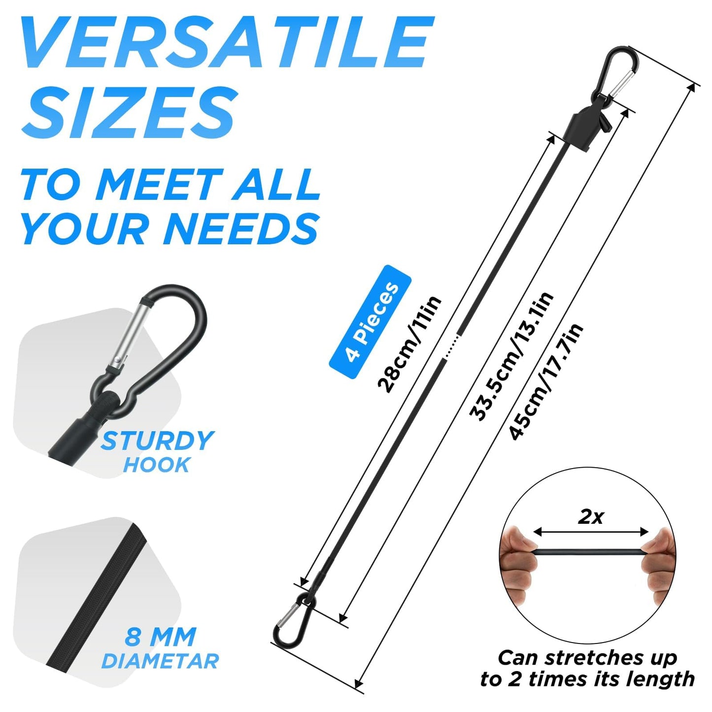 SDTC Tech 12 Inch Adjustable Bungee Cords with Carabiner Hooks, 4 Pack Heavy Duty Outdoor Super Elastic Bungee Straps Easily Adjust from 8" to 18" for Cargo, Bike, Luggage, Carts, Truck