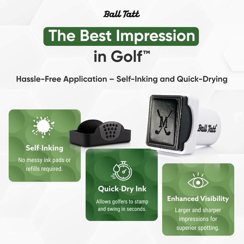 Ball Tatt - Golf Ball Stamp Personalized Monogram Initial M Self-Inking Marker Quick Dry Permanent Ink Reusable Golf Ball Marker to Identify Balls Ideal Golfer Gift