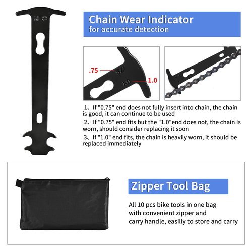 Bike Tool Kit, 10Pcs Professional Bike Repair Tools for Mountain Bike with 3-in-1 Cassette Remover Wrench Crank Puller Extractor Bottom Bracket Freewheel Remover Chain Breaker Tool Bag