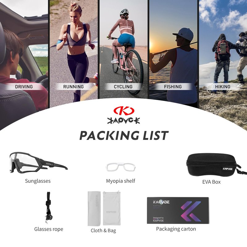 KAPVOE Photochromic Cycling Glasses Men Women Mountain Bike Sunglasses Clear MTB Bicycle Riding - K9408