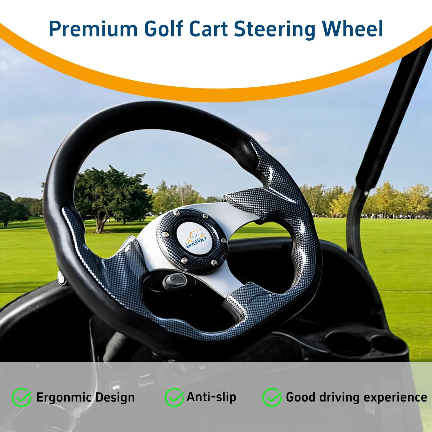 MIXOPOLY 12.5" Universal Golf Cart Steering Wheel fits Club Car DS/Precedent/Onward/Tempo, Yamaha, and EZGO TXT/RXV Golf Cart, Anti-slip and good grip (D-Shape)