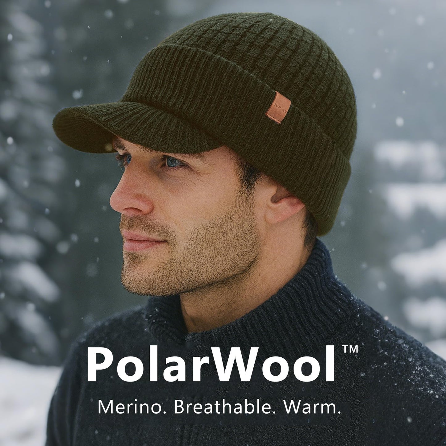 TOP-EX PolarWool™ 100% Merino Wool Winter Hat for Men Oversize Visor Beanie with Brim Fleece Lined Knit Cap for Cold Weather Hiking Skiing Big Head Green XL/XXL