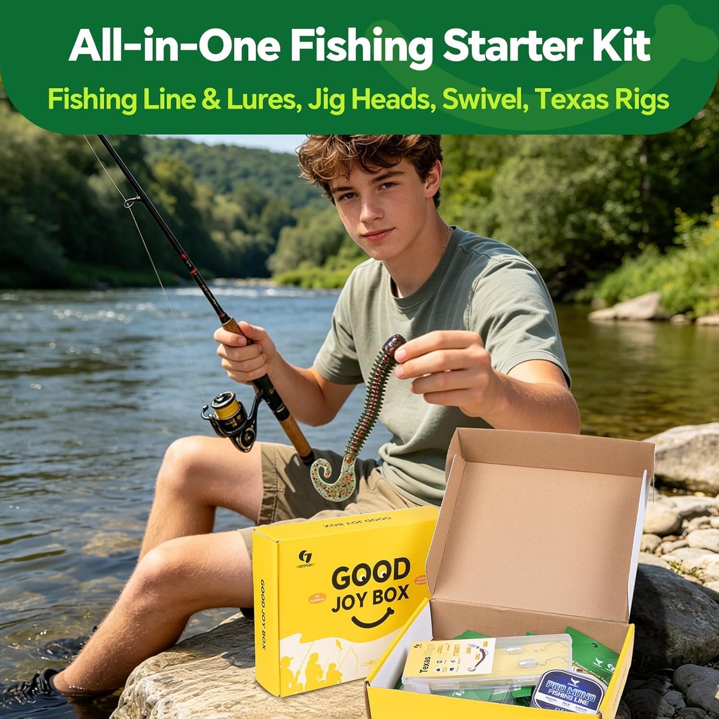 Good Joy Gift Box Fishing Kit for Kids/Beginners Age 8-14, Ready-to-Fish Gift Box with Fishing Lures, Line, Safety Whistle & Outdoor Adventure Accessories for Pond Lake Fishing