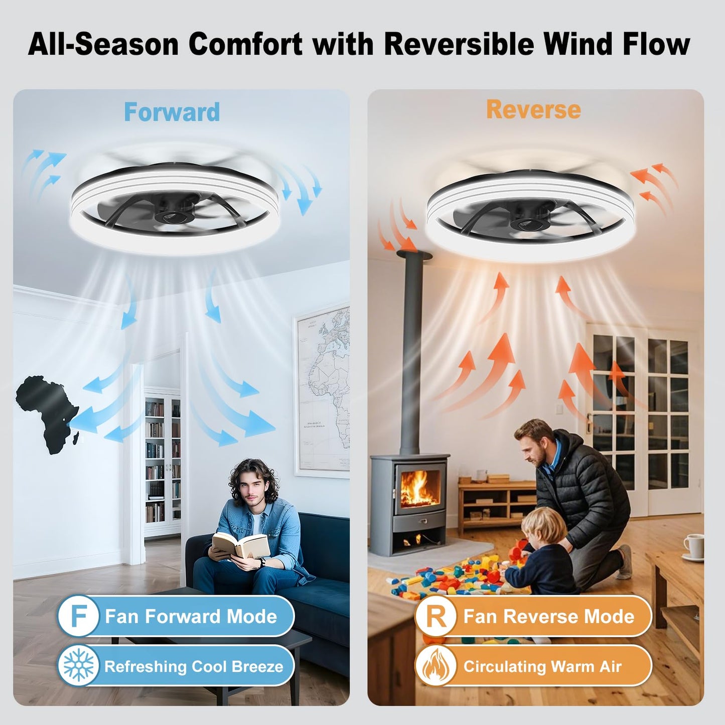 AIKVSXER Ceiling Fan with Light,20" Flush Mount Ceiling Fan,6 Speeds,3000-6500K Dimmable LED, App & Remote Control, Quiet DC Motor, for Bedroom, Living Room Modern Ceiling Fans with Lights(Black)