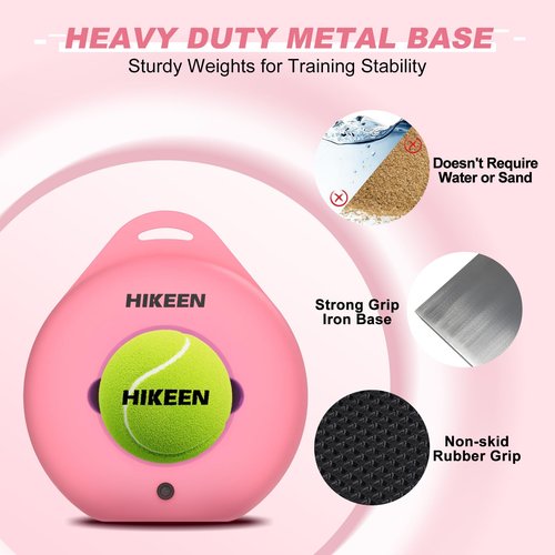 Hikeen Premium Tennis Trainer Rebound with Metal Base,Portable Solo Tennis Trainer Set with 3 Highly Elastic String Balls,Tennis Practice Equipment for Adult Kids and Beginners - Pink