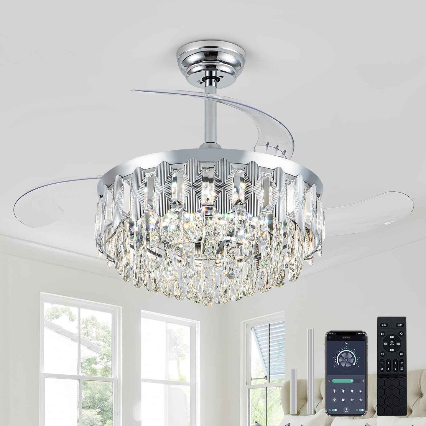 illus illumination 36in Fandelier Ceiling Fans with Light, Modern Crystal Chandelier Ceiling Fans, Remote & APP Control, Retractable Reversible 3 CCT LED Dimmable for Living Room Bedroom (Silver)